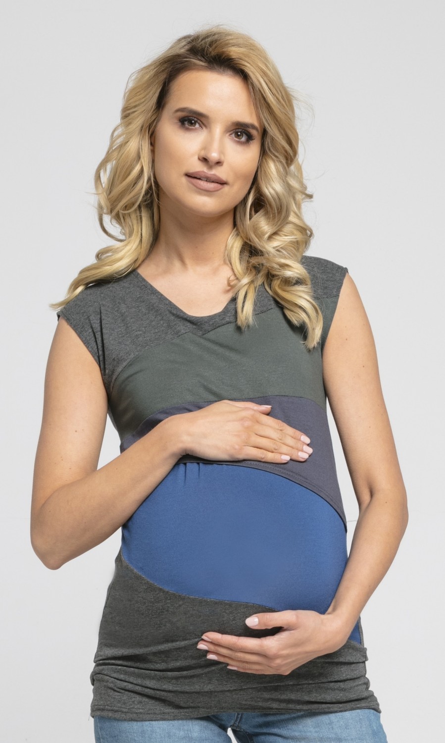 369p Happy Mama Women's Nursing Double Layer Top Colour Block Design Pregnancy
